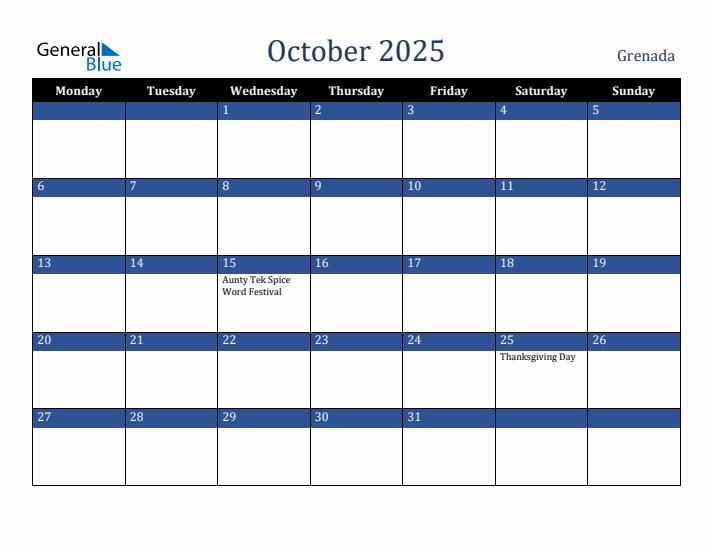 October 2025 Grenada Calendar (Monday Start)