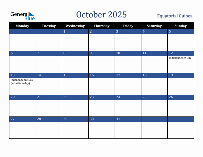 October 2025 Equatorial Guinea Calendar (Monday Start)