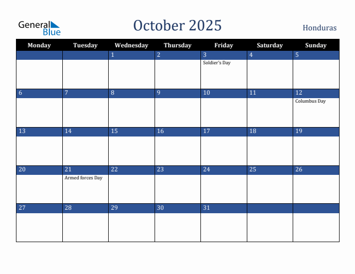 October 2025 Honduras Calendar (Monday Start)
