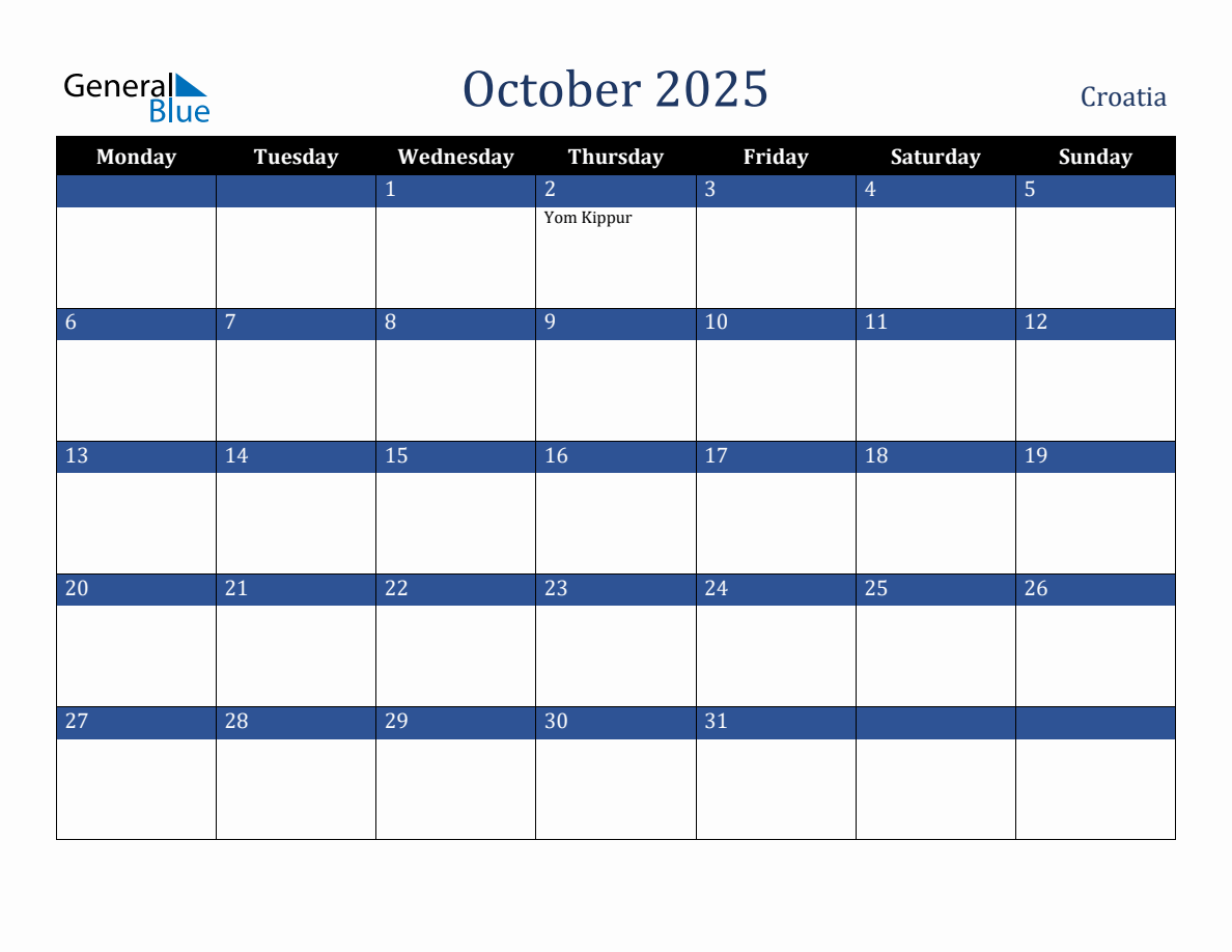 October 2025 Croatia Holiday Calendar