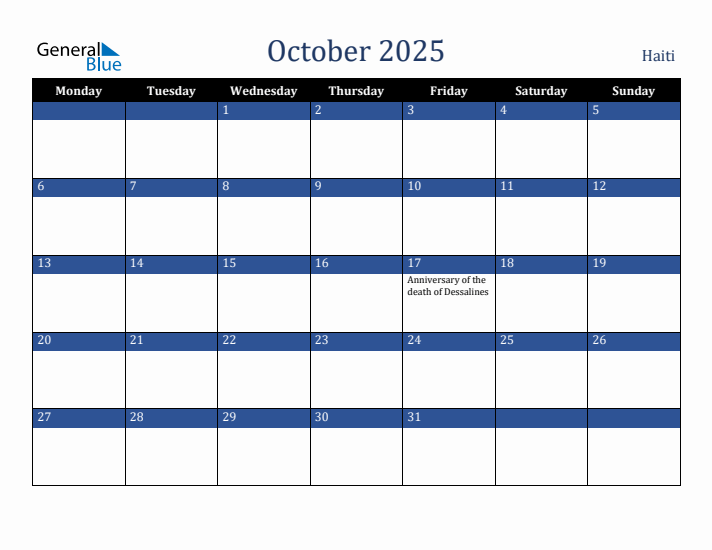 October 2025 Haiti Calendar (Monday Start)