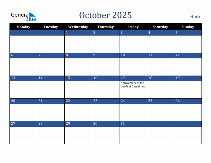 October 2025 Haiti Monthly Calendar with Holidays