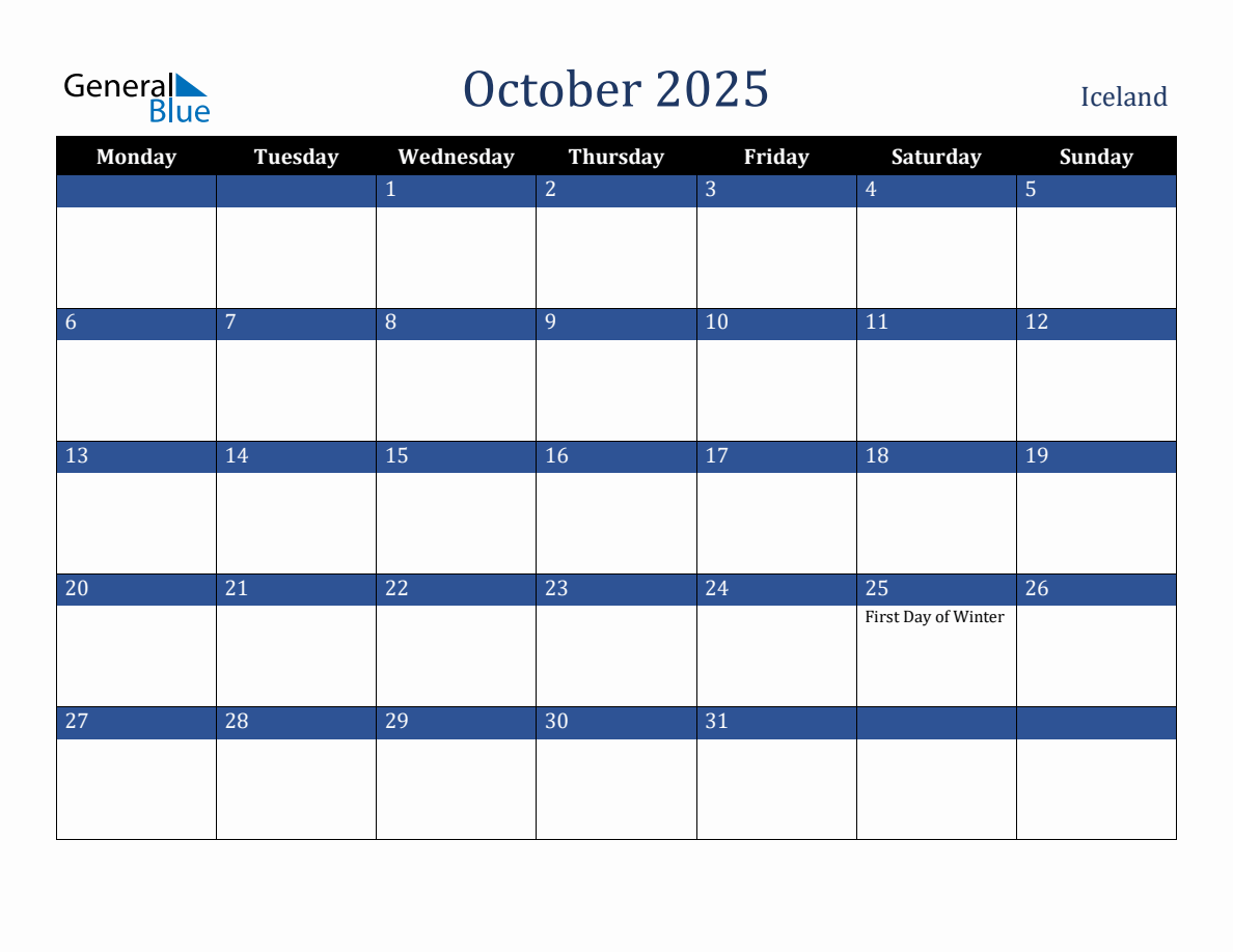 October 2025 Iceland Holiday Calendar