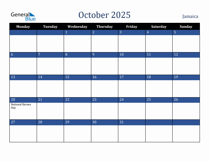 October 2025 Jamaica Calendar (Monday Start)
