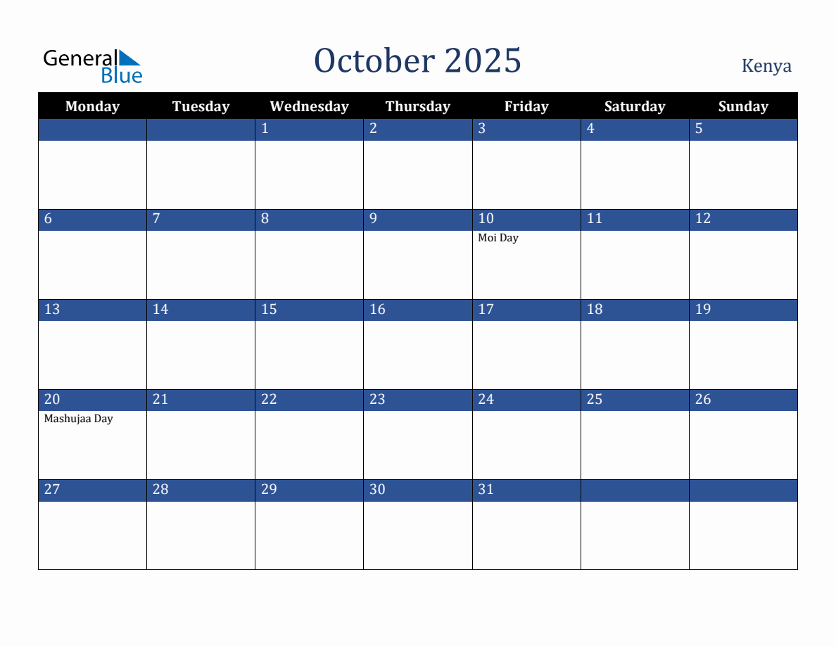 October 2025 Kenya Holiday Calendar