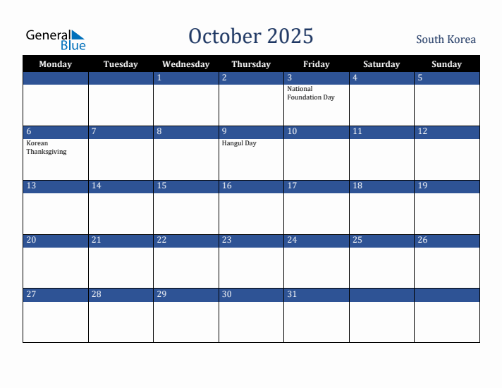 October 2025 South Korea Calendar (Monday Start)