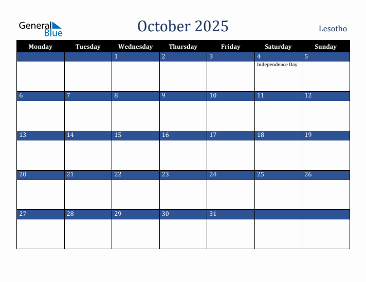 October 2025 Lesotho Calendar (Monday Start)