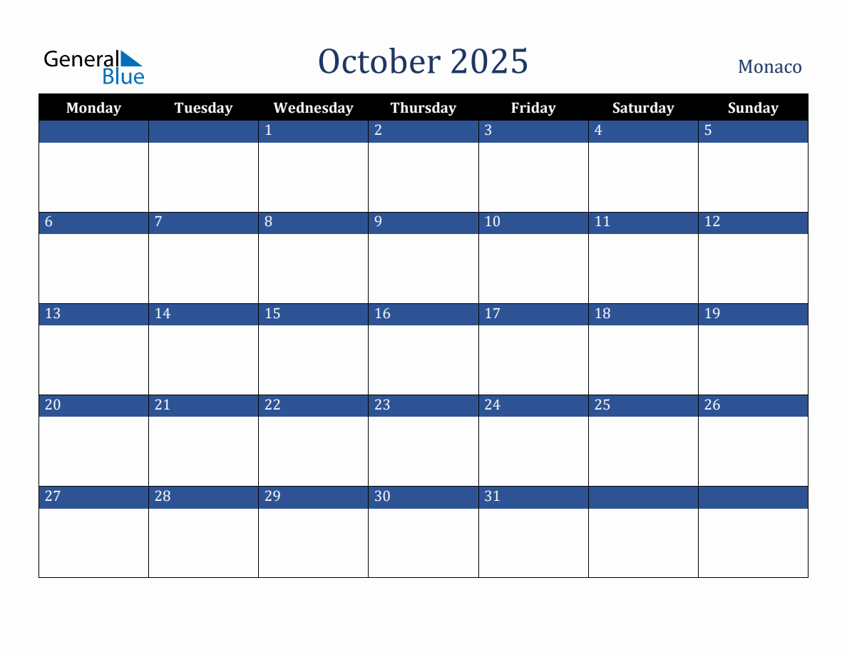 October 2025 Monaco Holiday Calendar