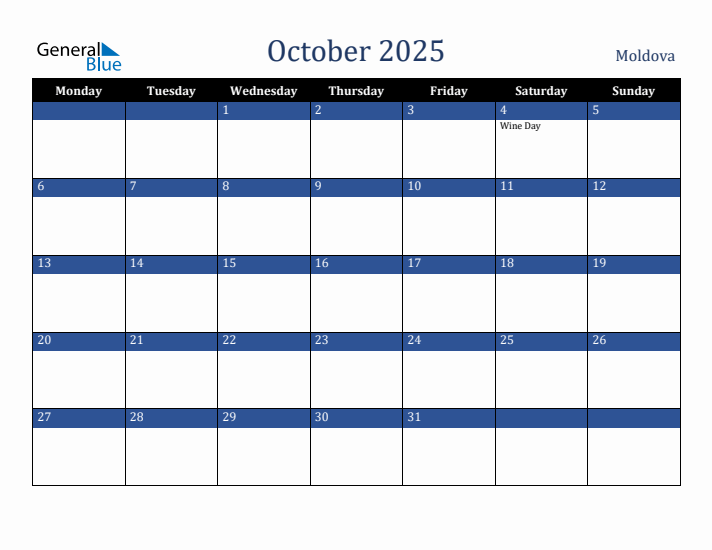 October 2025 Moldova Calendar (Monday Start)