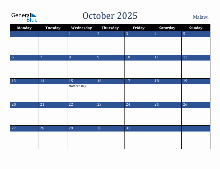 October 2025 Malawi Calendar (Monday Start)
