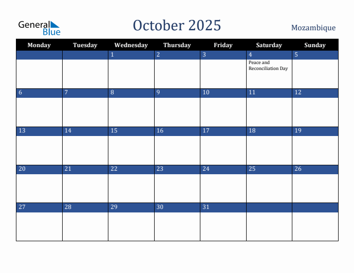 October 2025 Mozambique Calendar (Monday Start)