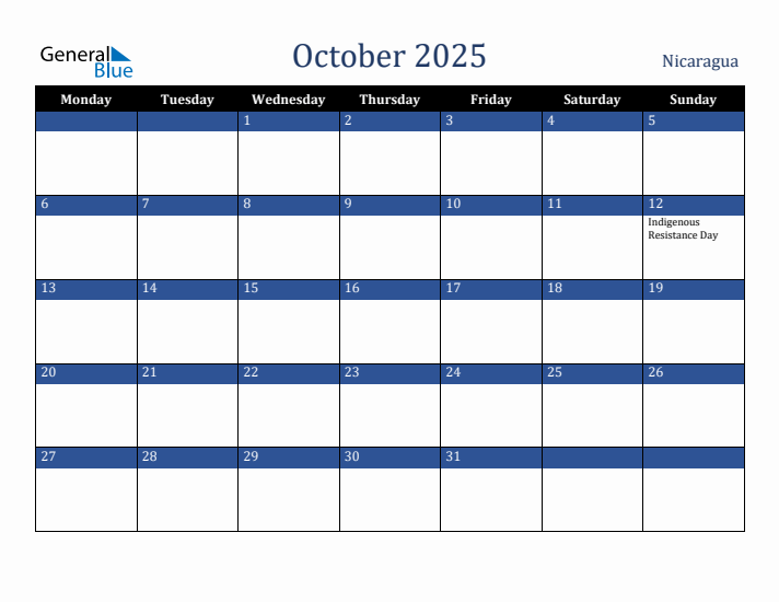 October 2025 Nicaragua Calendar (Monday Start)