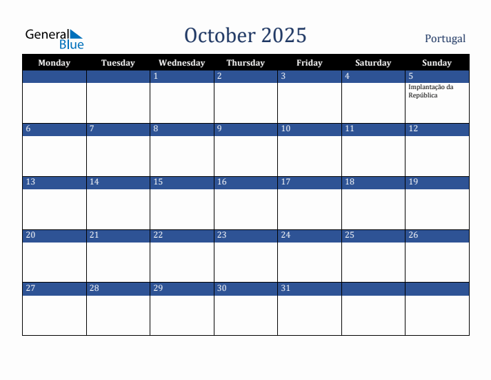 October 2025 Portugal Calendar (Monday Start)