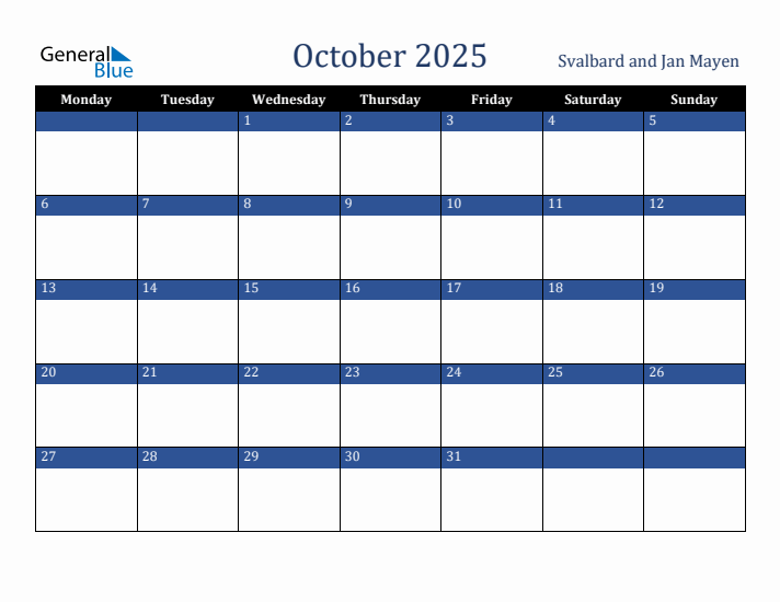 October 2025 Svalbard and Jan Mayen Calendar (Monday Start)