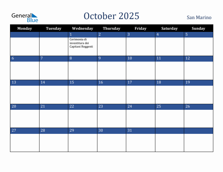 October 2025 San Marino Calendar (Monday Start)