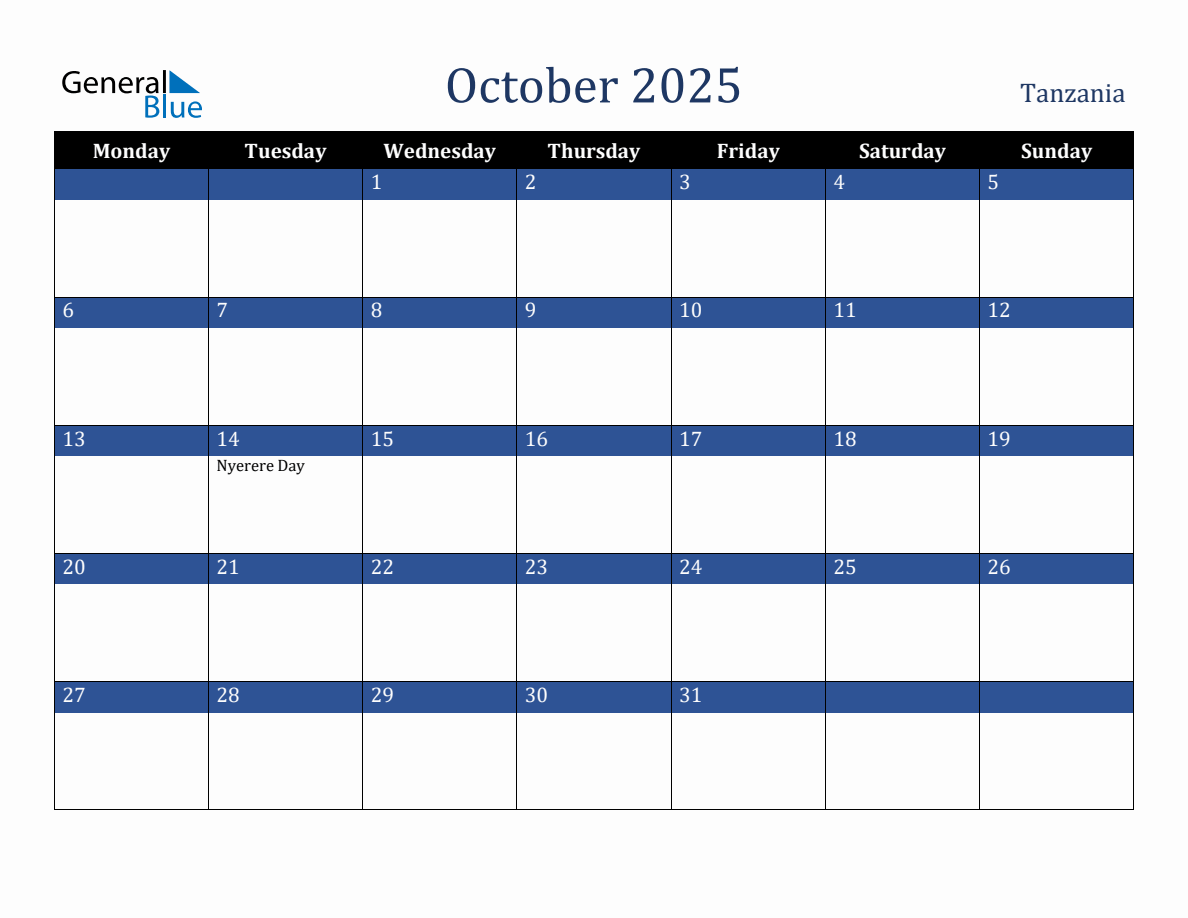 October 2025 Tanzania Holiday Calendar