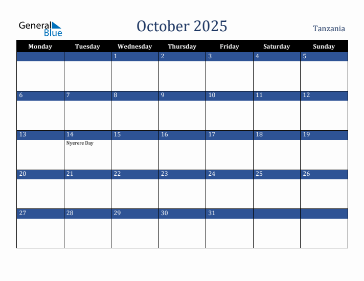 October 2025 Tanzania Calendar (Monday Start)