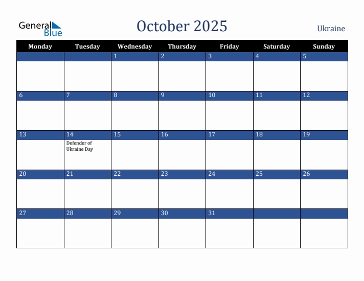 October 2025 Ukraine Calendar (Monday Start)