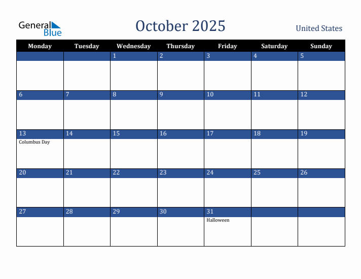 October 2025 United States Calendar (Monday Start)