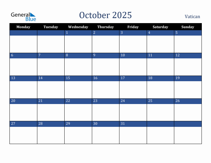 October 2025 Vatican Monthly Calendar with Holidays