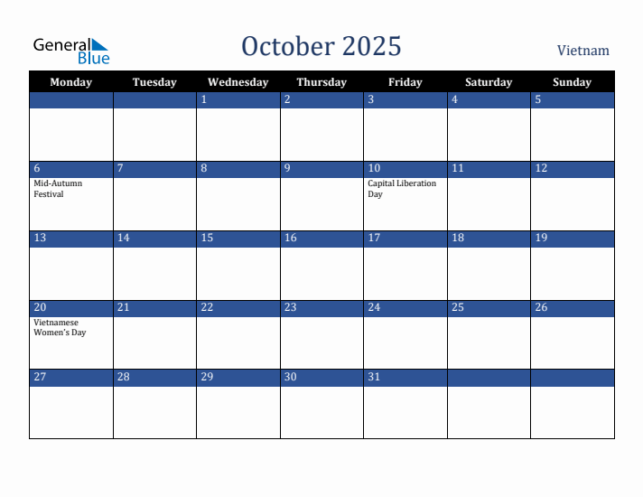 October 2025 Vietnam Calendar (Monday Start)