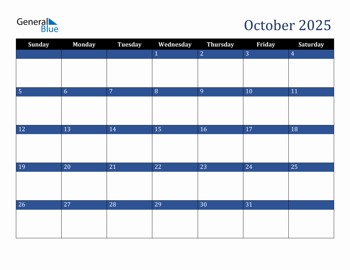 October 2025 Downloadable Sunday Start Calendar