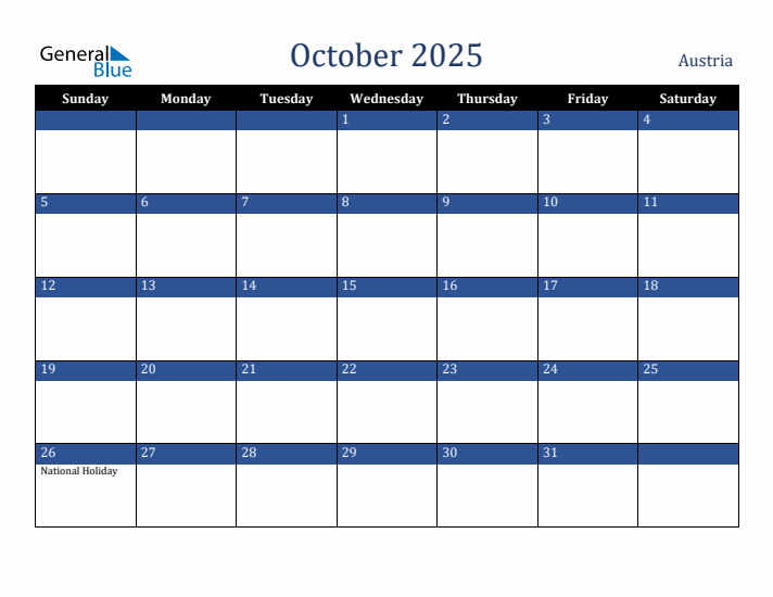 October 2025 Austria Calendar (Sunday Start)