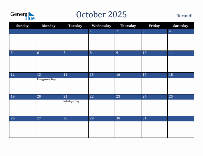 October 2025 Burundi Calendar (Sunday Start)