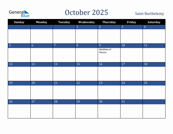 October 2025 Monthly Calendar with Saint Barthelemy Holidays
