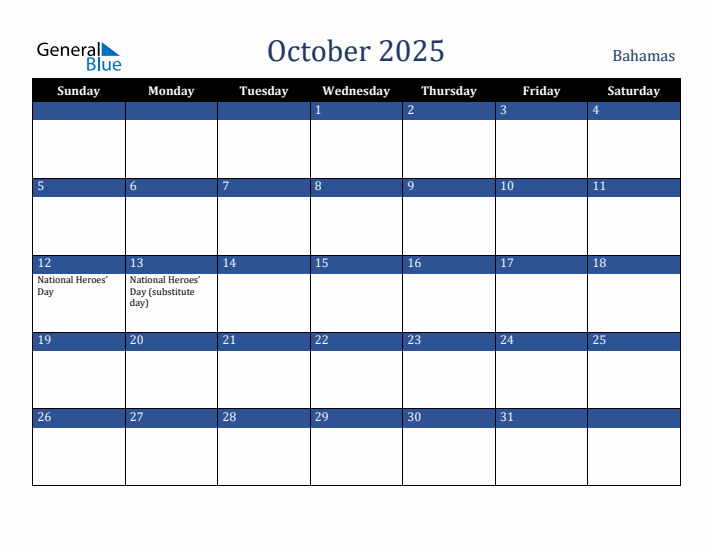 October 2025 Bahamas Calendar (Sunday Start)