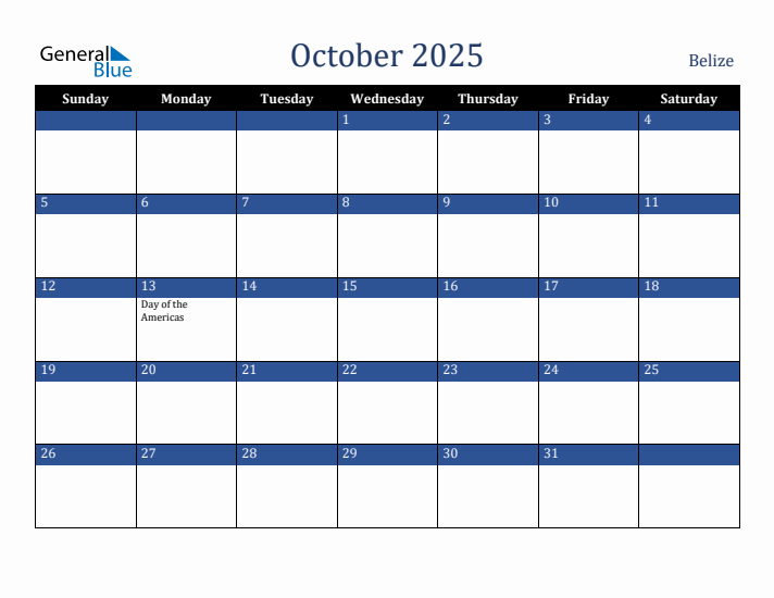 October 2025 Belize Calendar (Sunday Start)