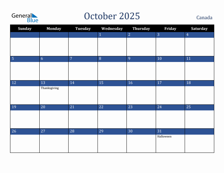 October 2025 Canada Calendar (Sunday Start)