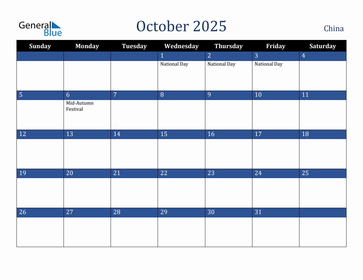 October 2025 China Holiday Calendar