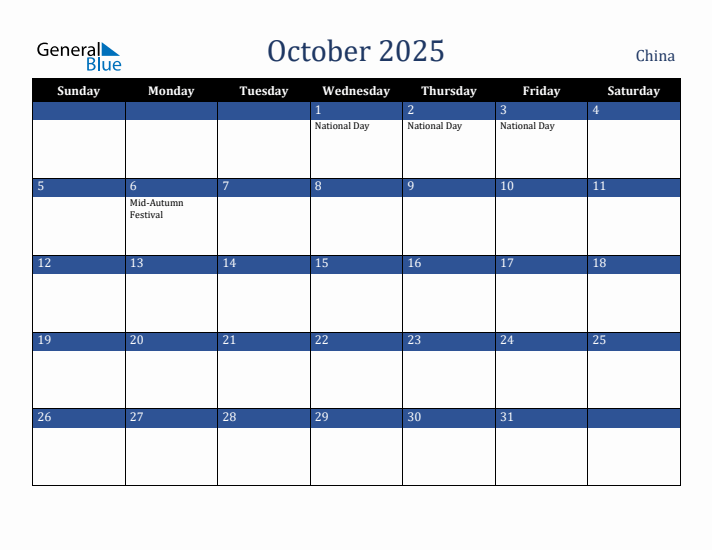 October 2025 China Calendar (Sunday Start)