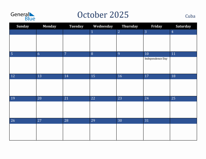 October 2025 Cuba Calendar (Sunday Start)