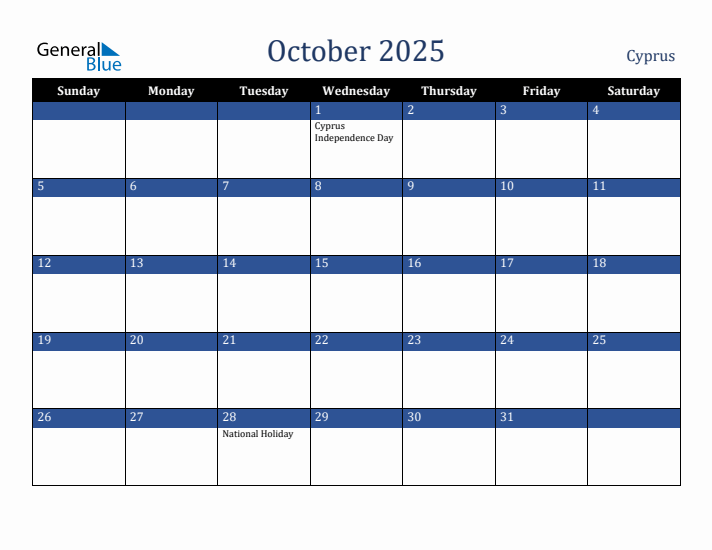 October 2025 Cyprus Calendar (Sunday Start)