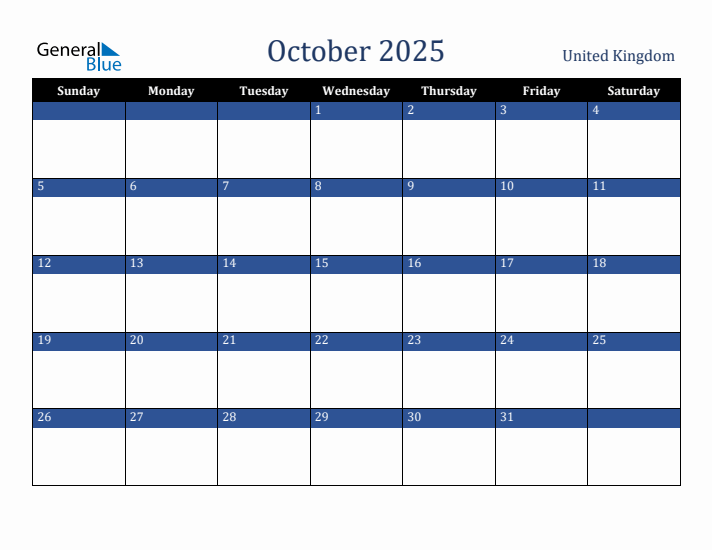 October 2025 United Kingdom Calendar (Sunday Start)