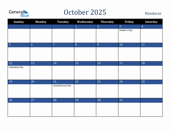 October 2025 Honduras Calendar (Sunday Start)