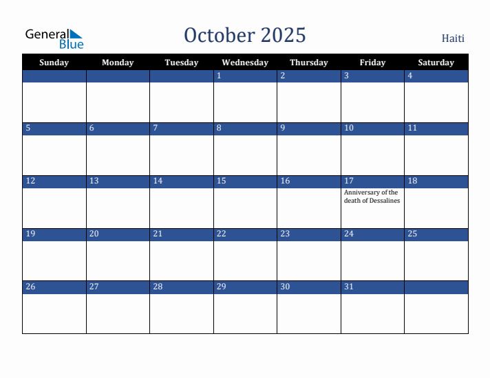 October 2025 Haiti Calendar (Sunday Start)