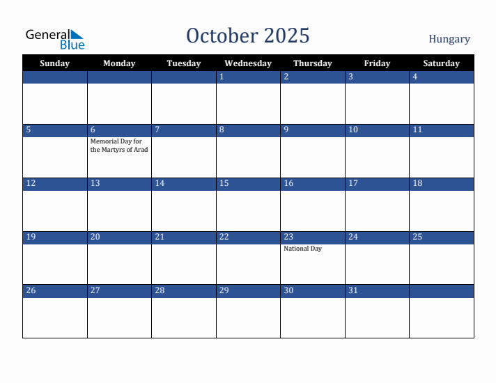 October 2025 Hungary Calendar (Sunday Start)