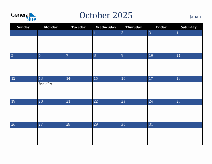 October 2025 Japan Calendar (Sunday Start)