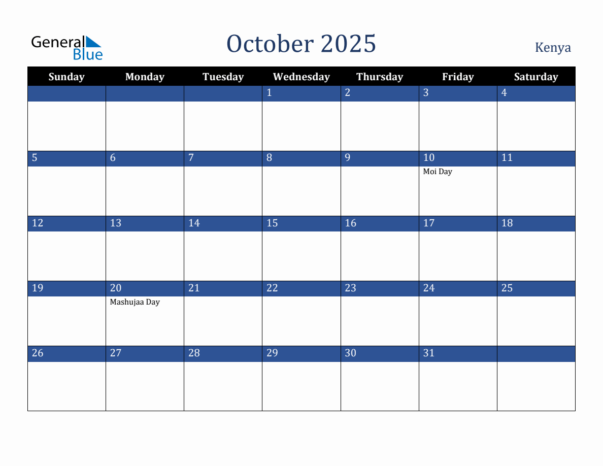 October 2025 Kenya Holiday Calendar