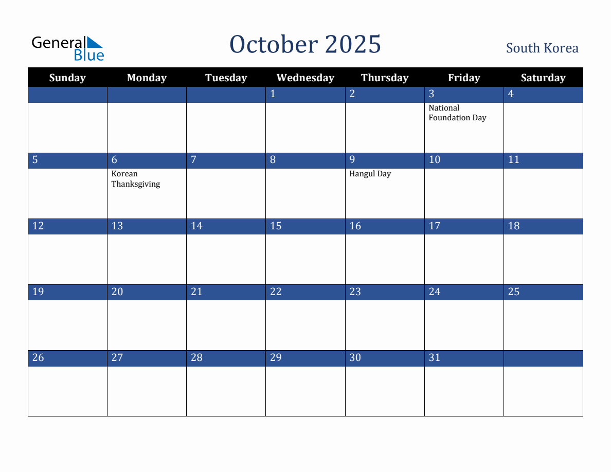 October 2025 South Korea Holiday Calendar