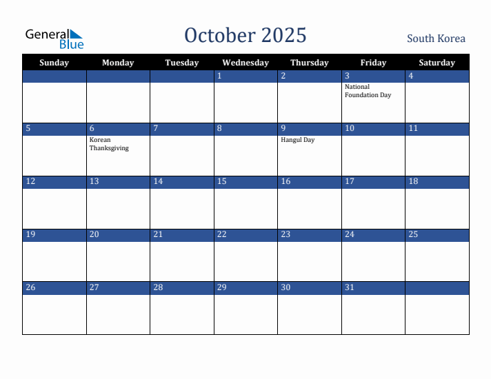 October 2025 Monthly Calendar with South Korea Holidays