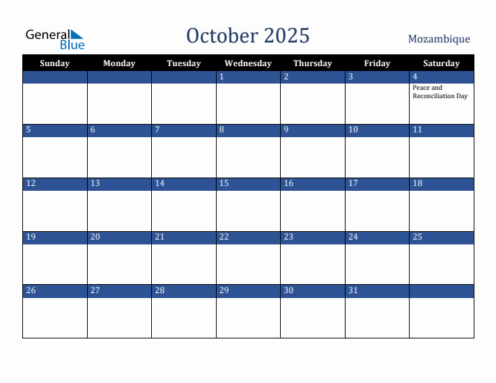 October 2025 Mozambique Calendar (Sunday Start)