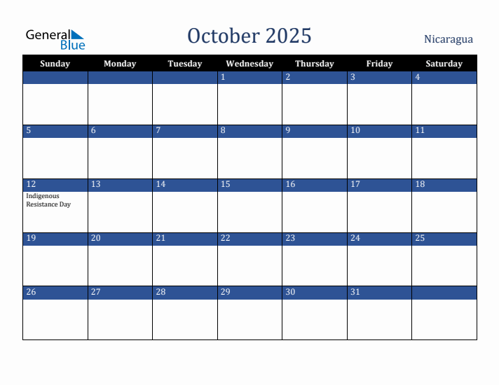 October 2025 Nicaragua Calendar (Sunday Start)