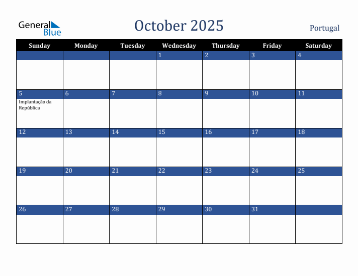 October 2025 Portugal Calendar (Sunday Start)
