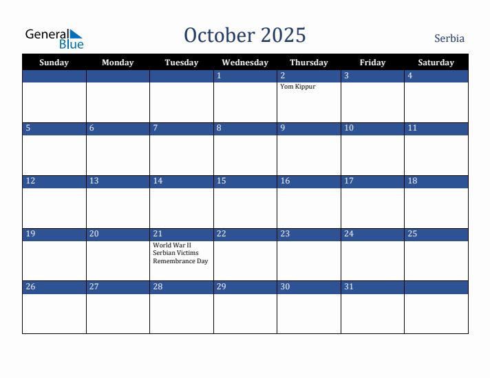 October 2025 Monthly Calendar with Serbia Holidays