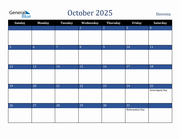 October 2025 Slovenia Calendar (Sunday Start)