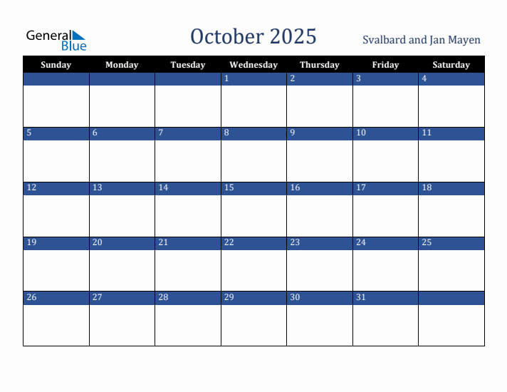 October 2025 Svalbard and Jan Mayen Calendar (Sunday Start)